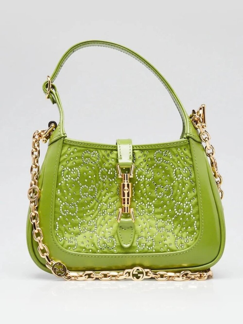 Gucci Green Leather/Canvas Crystal GG Jackie 1961 Mini Bag - Picture 1 of 11